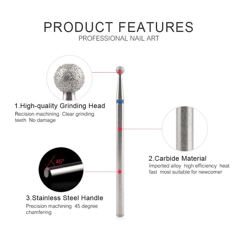 Rolabling Ball Shape Diamond Nail Drill Bit 3/32" Cuticle Gel
