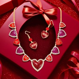 HEIDKRUEGER Heart Pendant Necklace Rhinestonr Shiny Heart Choker Necklace Heart Dangle Earrings Valentine's Day Jewelry Set for Women (Heart Charms)