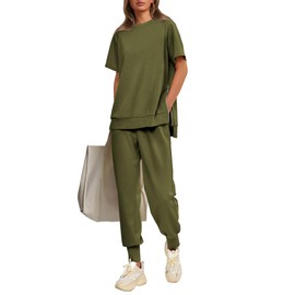 PRETTYGARDEN Women's Summer 2 Piece Outfit Tracksuits Casual Short Sleeve Tops High Waisted Sweatpants Set (Army Green,X-Large)