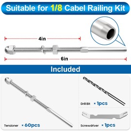 TooTaci 60 Pack 6“ Long T316 Stainless Steel Cable Railing Hardware for 4"x4" Metal/Wood Posts of 1/8 Cable Railing Kit,1/8" Marine Grade Handed Swage Threaded Stud Tensioner for Deck, Balconies Decor