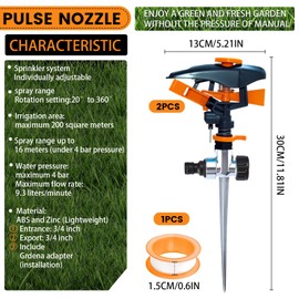 Pack of 2 Circular Sprinklers, dellyy Sector Sprinkler, Lawn Sprinkler Impulse Sprinkler, Lawn Sprinkler with Ground Spike, 3/4 Inch, Range up to 200 m², Garden Sprinkler for Watering Garden Lawn