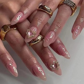 Nail Apparel Y2K Cute Almond Press on Nails 3D Charms Glitter Rhinestone Heart Pearl Bow Medium Almond Fake Nails 24Pcs (Pink Butterfly Heart Rhinestone Medium Almond, Free Size)