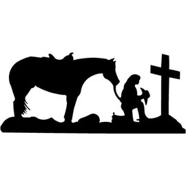 Black Vinyl Decal - Cowgirl Praying Cross Horse Pray Christian Trailer Sticker, Die Cut Decal Bumper Sticker for Windows, Cars, Trucks, Laptops, Etc.
