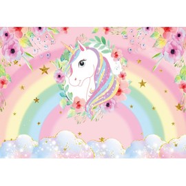 AOFOTO 5x3ft Magical Unicorn Rainbow Photography Backdrop Pink Floral and Stars Fantasy Clouds Fairy Unicorn Baby Shower Party Decoration Background Girls Princess Birthday Banner Photoshoot Props