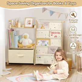 wooshwa Kids Bookshelf and Toy Organizer 2 in 1,Book Shelf for Kids Rooms with Movable Toy Bin,4 Tier Toddler Sling Book Rack for Nursery Bedroom Playroom (Terrazzo)