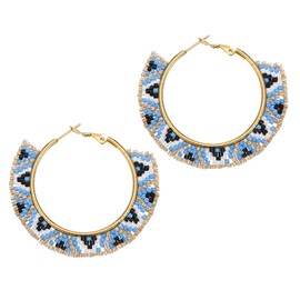 Winssigma Boho Beaded Hoop Earrings, Handmade Colorful Beads Gold Hoop Earrings for Women Big Circle Bead Huggie Earrings(Blue)