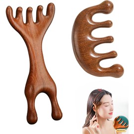 Scalp Massage Comb Wooden Comb Set of 2 - Natural Sandalwood Comb with 5 Prongs & Double Head Deer Antler Design - Antistatic, Handy for Scalp Stimulation, Gua Sha & Body Relaxation (Sandalh