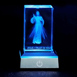 KOMI 3D Crystal Jesus Figurine Statue with LED Light Base, Laser Engraved Jesus I Trust in You Statues Religious Gifts for Women Men, Christian Catholic Home Decor