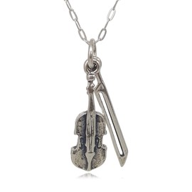 Sterling Silver Violin with Bow Fiddle Musical Instrument 3D Charm Necklace, 18"