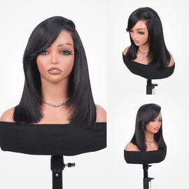 Glueless Yaki Straight Wig Natural Black Pre C-Part & Layered Cut Human Hair - Size: 12”