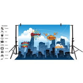 Renaiss 3x2m Superhelden Hintergrund Comic Stadtbild Hintergrund für Fotografie Baby Shower Boy Girl Kid Birthday Party Dekoration Banner Foto YouTube Video Shoot Vinyl Studio Requisiten