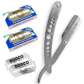 Kazakiri Premium Space Silver Professional Deep Razor, Straight Leather, Body + 40 Replacement Blades (20 Blades), Western Razor, Men's
