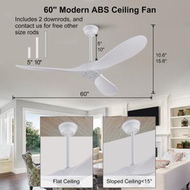 KBZZ 60 Inch Ceiling Fan without Light and Remote Control, 3 ABS Blade White Ceiling Fan, Quiet 6 Speeds DC Motor Ceiling Fan No Light, Indoor Outdoor Ceiling Fans for Patio, Living Room, Bedroom
