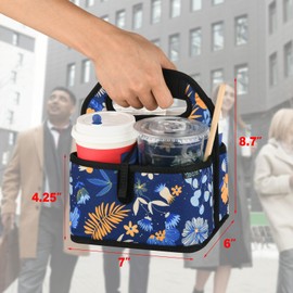 Beautyflier Reusable Insulated Coffee Cup Carrier, Portable Drink Holder with Handle Organizer Tote Bag for Hot & Cold Drinks (Blue Plants)