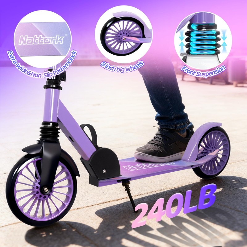 Nattork Kick Scooter for Teens Adults, Max Load 240 LBS,