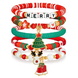 jollone 5 Pack Christmas Bracelets Women Clay Bead Bracelet Xmas Decorations Stackable Stretch Friendship Braclets Set for Christmas Gifts Stocking Stuffers Surprise