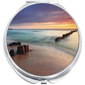NewCharms Beach Sunset Purple Compact with Mirrors - Perfect Pocket and Purse Size Folding Mirror for Applying Make Up Anywhere