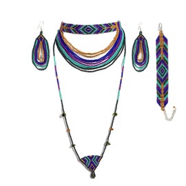 Weavish Choker Beaded Necklace – Boho Native Handmade Seed Bead Tassel Necklace, Bohemian Large Statement Beaded Necklace for Womens (Turquoise & Purple)