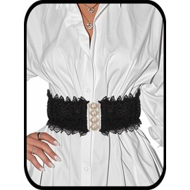 Urieo Elegant Black Lace Waist Belt with Metal Buttons, Stretchy Corset Style Cinch Belt
