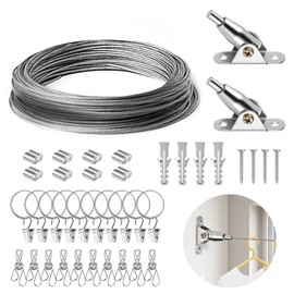 Celepoir Rope Tension Set for Curtain, 10 m Curtains Rope System with 2 Corner Holders and 2 Types of Metal Clip Hooks, 7 x 7 Curtains Wire Rope, Curtain Rope Tension System for Ceiling or Wall, for