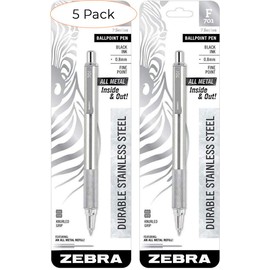 Zebra 29411 F-701 Ballpoint Stainless Steel Retractable Pen, Fine Point, 0.8mm, Black Ink, 2-Count