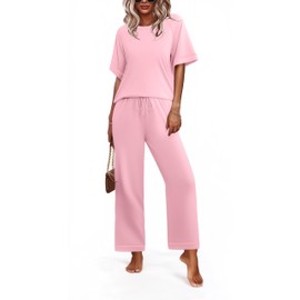 Ekouaer Womens Pajamas Sets 2 Piece Short Sleeve Sleepwear Tops and Long Pants Soft Pjs Lounge Set with Pockets Light Pink X-Large