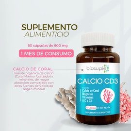 BIOSUPLE | Calcio de Coral con Magnesio y Vitaminas A, C, y D3. 60 cápsulas | CALCIO CD3 - Suplemento alimenticio
