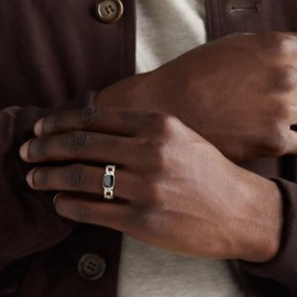 Bestyle Men's Band Ring 925 Sterling Silver Curb Chain Finger Ring with Green/Black Stone, Sterling Silver, Black Diamond