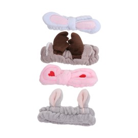 HONMEET 4Pcs Cute Makeup Shower Hair Band for Women Soft Elastic Headwraps for Washing Face Skincare and Spa Includes Grey Rabbit Ears Horns Rabbit Ears and Hearts