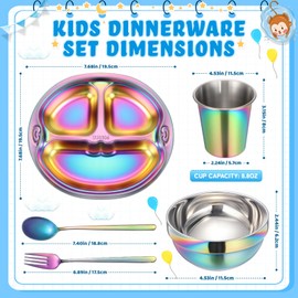 Tioncy 15 Pcs Stainless Steel Kids Dinner Set Including 3 Bowls, 3 Balanced Bites Divided Plates, 3 Cups, 3 Spoons and 3 Forks, Stainless Steel Lunch Plates Dinnerware Set for Kids Toddlers (Cute)