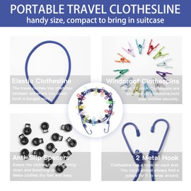 HUANSHA Portable Elastic Travel Clothesline With 12 Colorful Clothespins, Adjustable Camping Clothesline Windproof RV Clotheslines, Bungee Go Travel Laundry Line String For Hotel Room, Cruise Ship,Shower