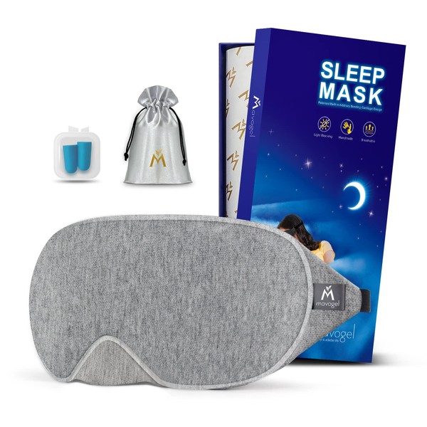 Mavogel Upgraded Sleep Mask for Men Women - Luxury Cotton Sleep Eye Mask with Adjustable Strap, Block Out Light, Soft Comfort Sleeping Mask for Travel Yoga Nap, with Travel Pouch and Earplugs, Grey