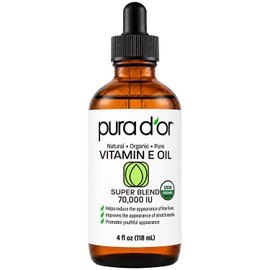 PURA D'OR Organic Vitamin E Oil (4oz / 118mL) 70,000 IU 100% Pure Natural USDA Organic For Skin Face Hexane Free w/Sweet Almond, Apricot, Jojoba, Argan, Rosehip, Sunflower & Avocado Oil For Bath Body