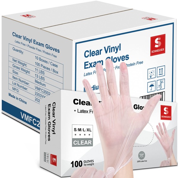 Schneider Clear Vinyl Exam Gloves, 4-mil, Medium 1000-ct Case, Latex-Free, Disposable Gloves, Medical Gloves, Cleaning Gloves, Food Prep Gloves, Food Safe Rubber Gloves, Powder-Free, Non-Sterile