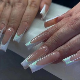 Long Press on Nails Square French Tip Fake Nails White Acrylic Nails Full Cover False Nails with Minimalist Design Glossy Glue on Nails Artificial False Nails Stick on Nails for Women 24Pcs