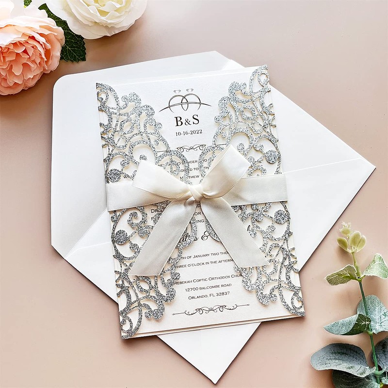 KUCHYNEE 5.12 x7.28 inch 50PCS Blank Silver Laser Cut Wedding