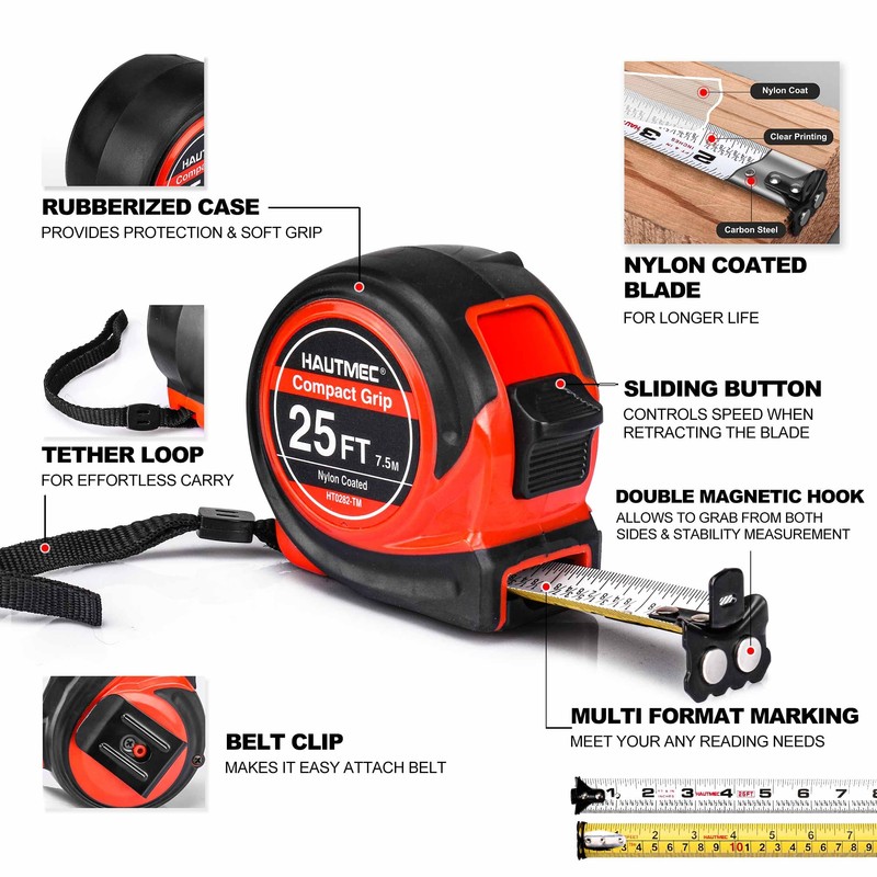 HAUTMEC Tape Measure 25ft with 1/8 Fractional Markings Dual Metric/Imperial