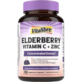 Vitalibre Elderberry Vitamin C and Zinc for Adults, Concentrated Elderberry Extract, Non GMO, No Gluten, Support Immune Health, 90 Vegan Capsules