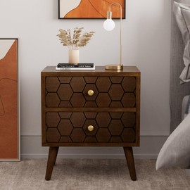 COSIEST Modern End Table w Honeycomb Pattern, Mid-Century Nightstand w Storage Drawer, Small Wood Accent End Table for Bedroom, Living Room