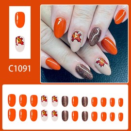 Fall Press on Nails Maple Leaf Fake Nails Medium Almond False Nail with Glitter Design Orange Full Cover Glue on Nails Glossy Artificial Acrylic Autumn Stick on Nail for Women Holiday Manicure 24Pcs