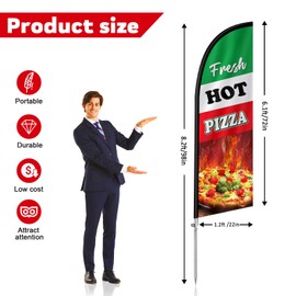 QSUM Fresh Hot Pizza Flag for Business, 8FT Fresh Hot Pizza Feather Flag Banner, Polyester Advertising Swooper Flag with Aluminium Alloy Flag Pole Kit, Stainless Steel, Ground Spike, Portable Bag