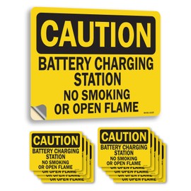 Battery Charging Station No Smoking Or Open Flames OSHA Caution Vinyl Decal Label 5 Inch x 3.5 Inch - 10 Pack