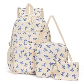 Bow Backpack for Women Kawaii Coquette Nylon Backpack 3Pcs Set Cute College Laptop Rucksack Fashion Travel Daypack (White Blue)