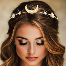 BARTOSI Gold Star Headband Crystal Moon Headbands Bridal Stars Headpiece Bride Wedding Hair Accessories for Women