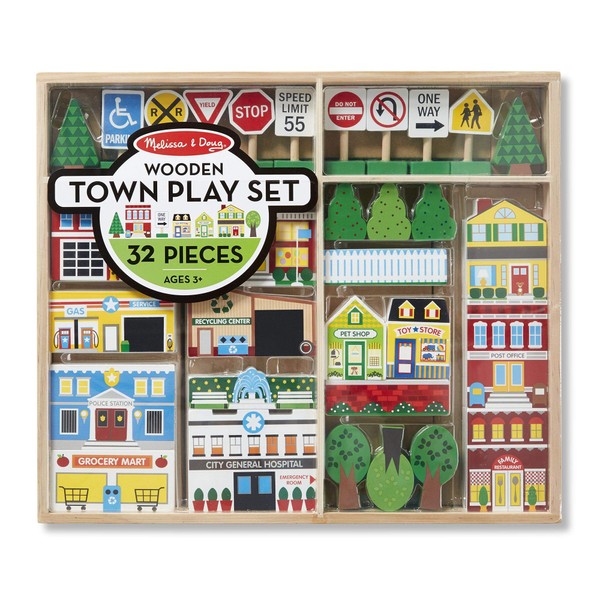 Melissa & Doug Wooden Town Play Set With Storage Tray (32 pcs)