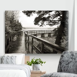 Renditions Gallery Nature Home Decor Landscape View of Rainy Forest Bridge along the River Side Wall Hanging Artwork for Bedroom Living Room Office - 24"X36" LT08
