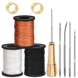 Wokape 10Pcs Canvas Leather Sewing Awl Needles Assortment Kit Contains Straight and Curved Needles, 3 Colors 50m Waxed Nylon Cord Threads with Coils, Copper Handle, Thimbles for DIY, Leather Repair