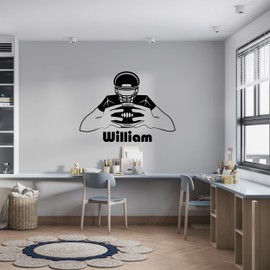 Custom Boy Name Wall Decal with Football Player and Ball in Hands - Choose Your Name On Decal - American Football Player in Helmet with Ball On Named Boys Room Decal