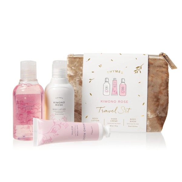 Thymes Travel Set and Beauty Bag - Contains Body Wash, Body Lotion & Hand Cream - Kimono Rose