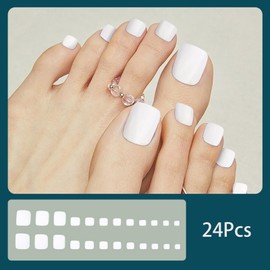 24 Pcs Matte White Press on Toenails Short Square Fake Toenails Reusable False Nails with Design Acrylic Toenails Press ons Summer Toenails Glossy Full Cover Artificial Stick on Toenails for Women